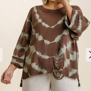 Umgee Brown and Green Tie-Dye distressed Sweater